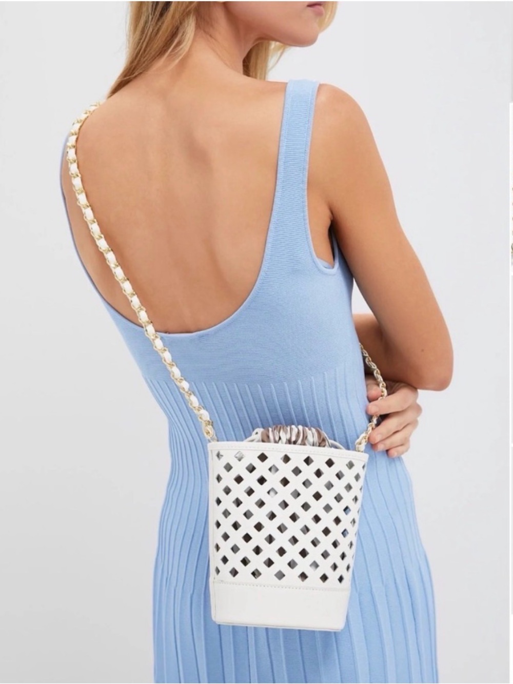 Tuckernuck White Leather Arden Bucket Bag with Stripe Pouch Interior